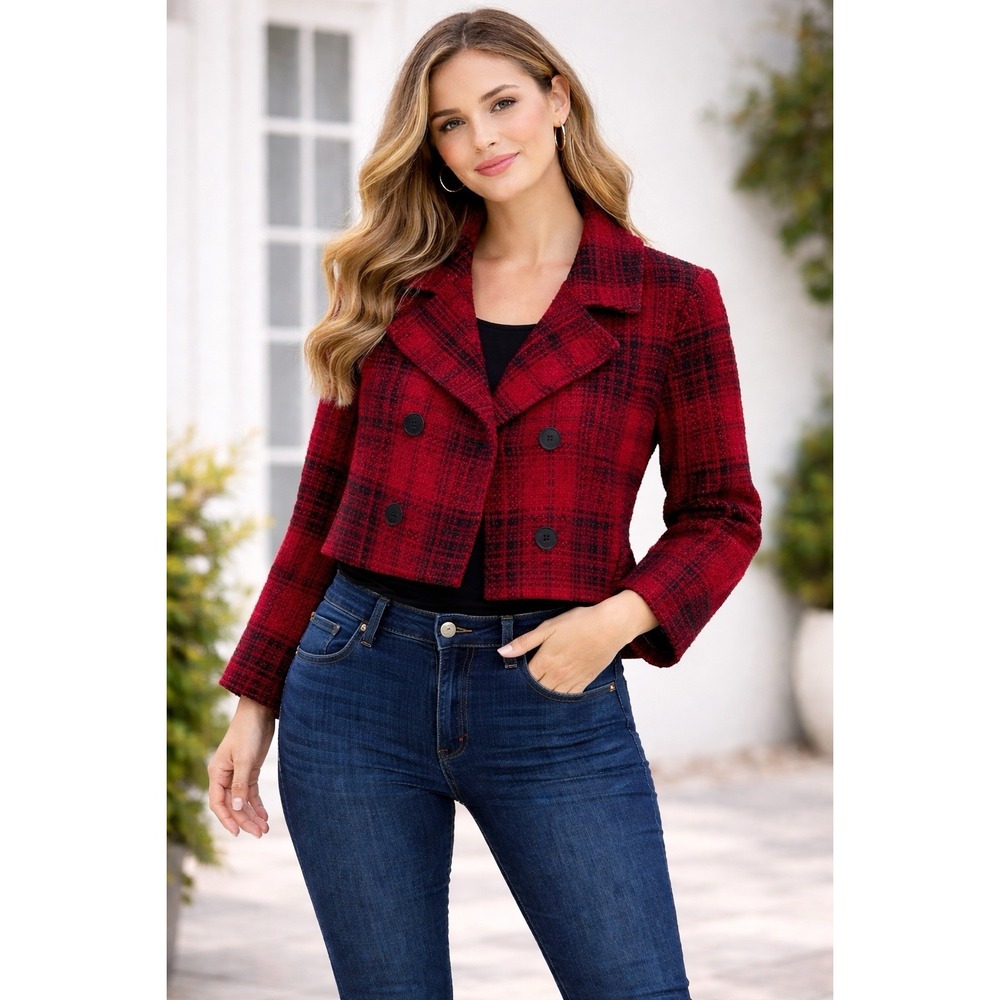 Talbots Plaid Pea Coat Petite Women's 12P Red Black Double Breasted Notch Lapels